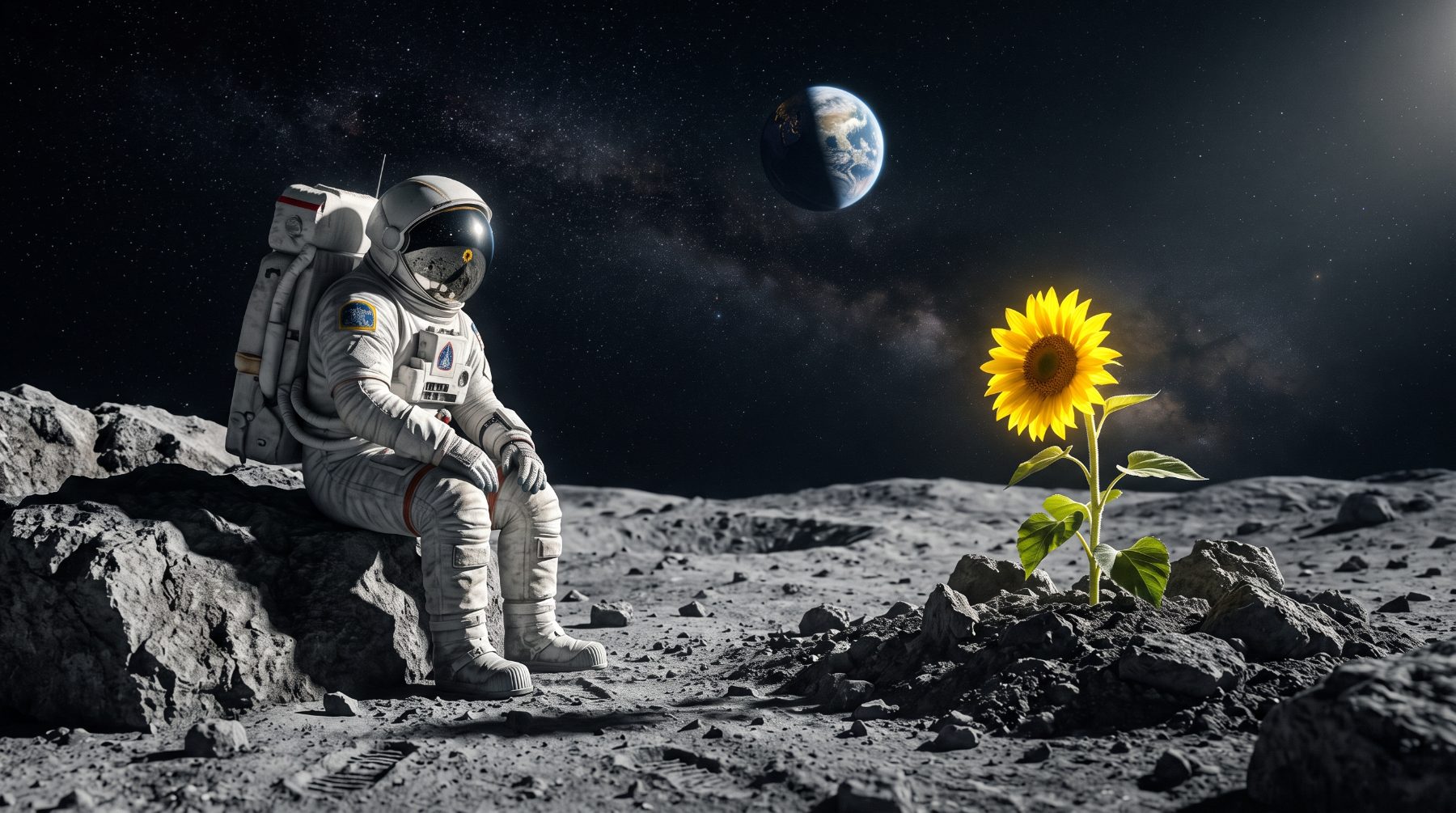 Astronauta observando un girasol frente a la Tierra