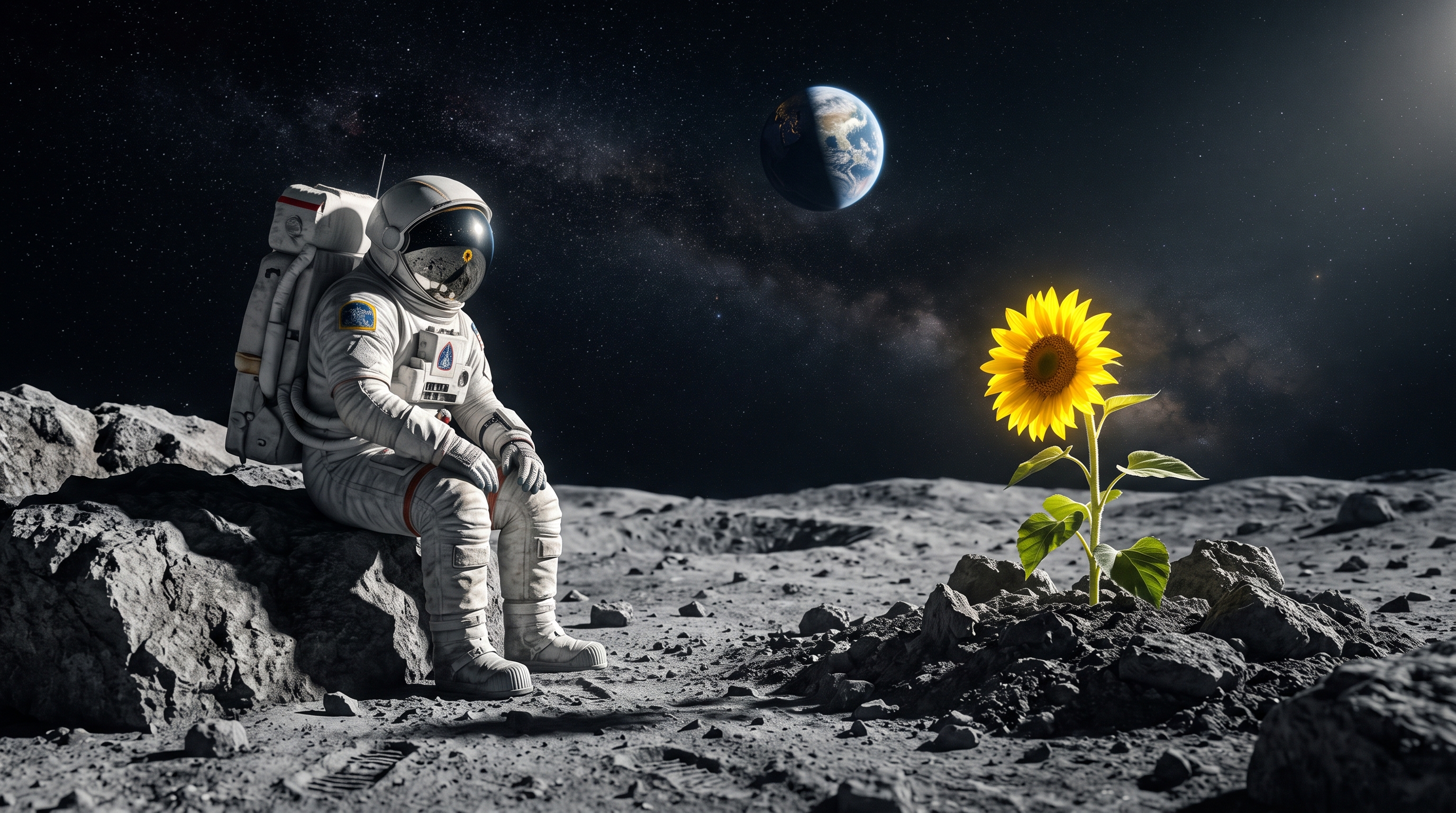 Astronauta observando un girasol frente a la Tierra